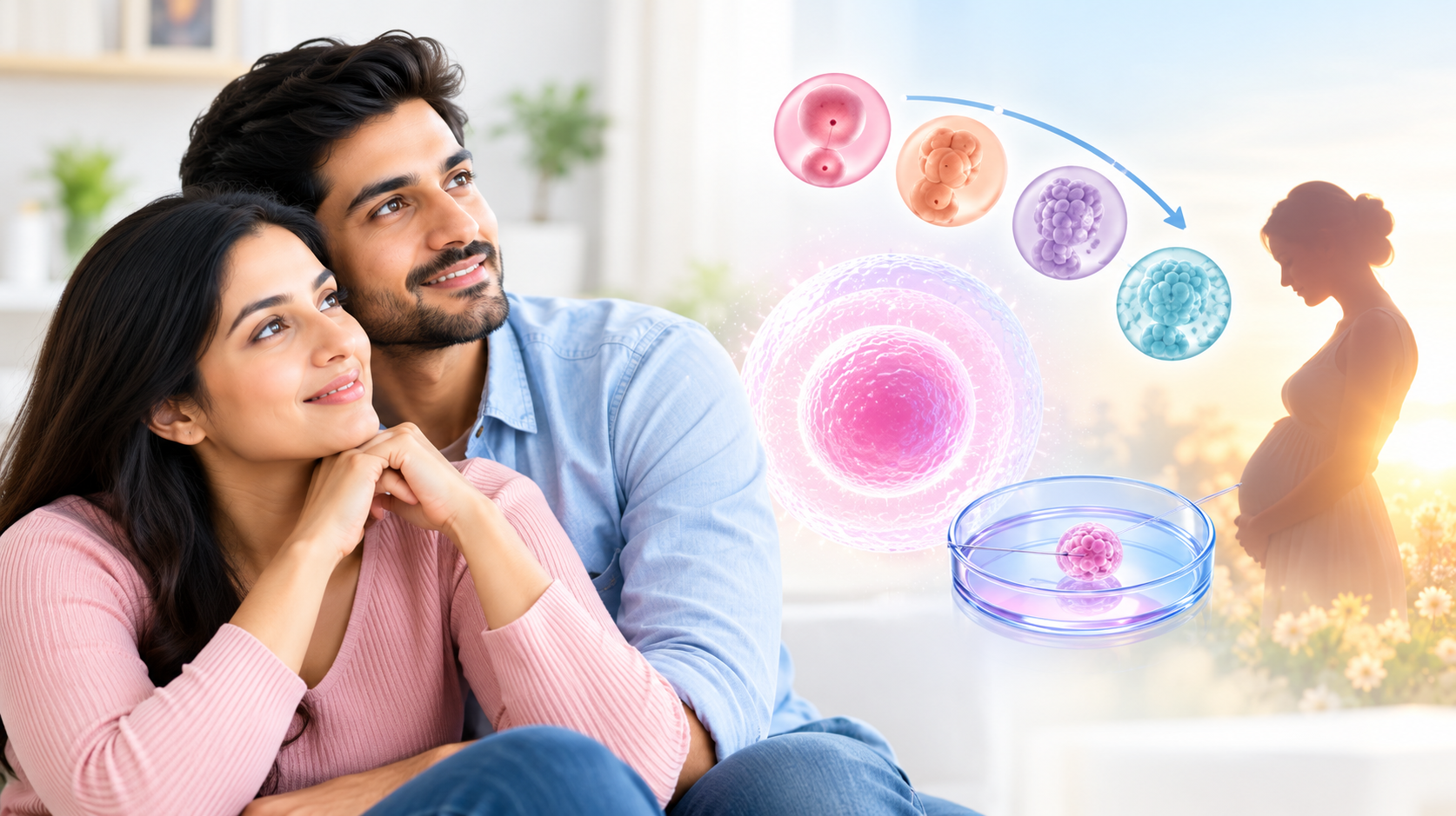 Hopeful couple beside IVF and embryo development illustrations