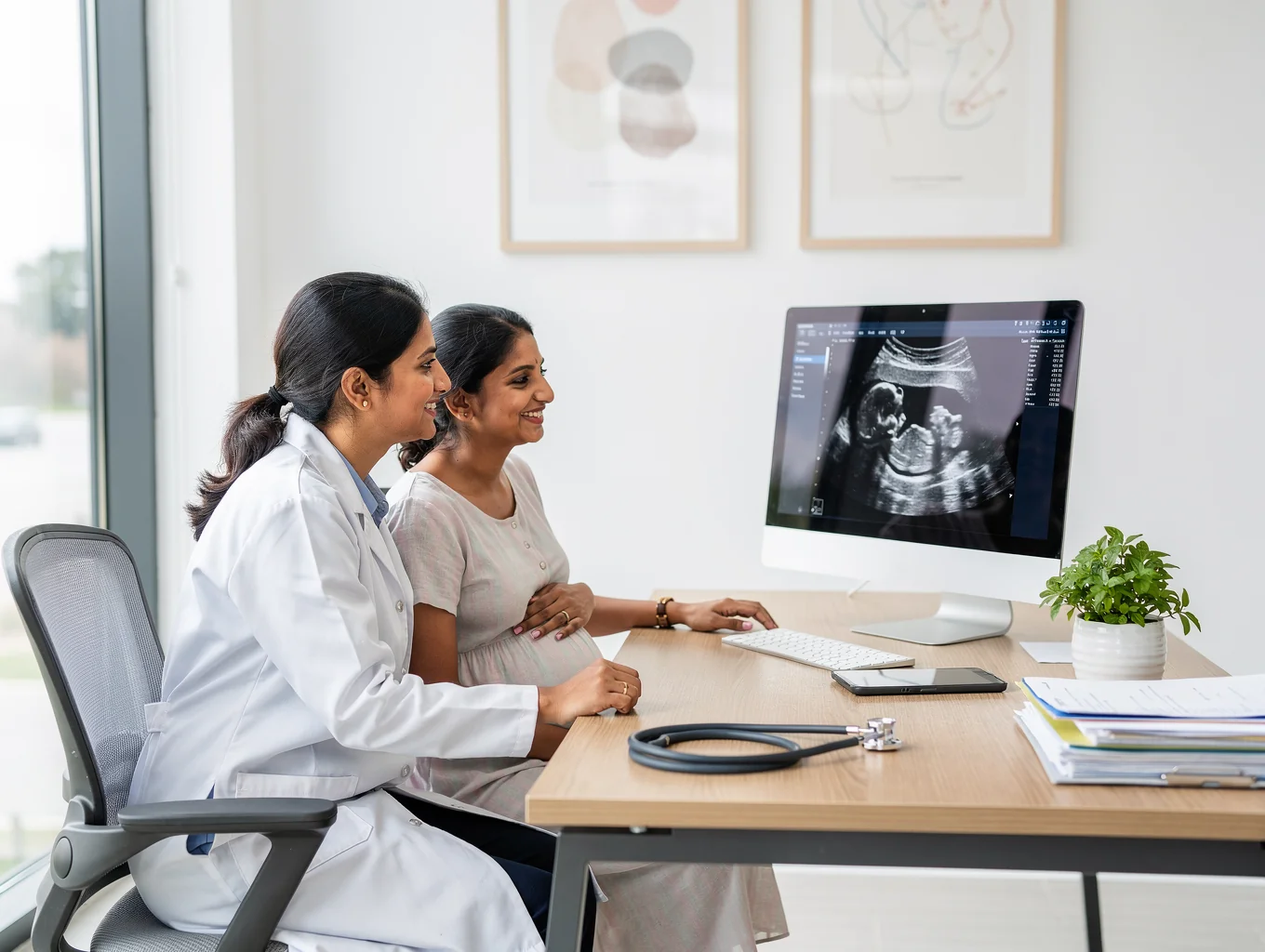 Dr. Sabia Mangat reviewing an ultrasound scan with a smiling pregnant patient in the Mohali clinic